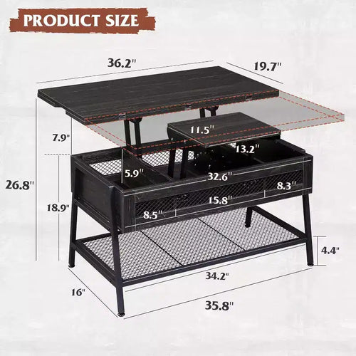 3-in-1 Lift Top Coffee Table with Hidden Compartment, Multi-Function Coffee Table Converts to Dining Table for Living Room Charcoal Black