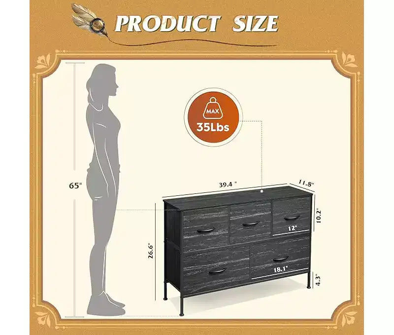 Cassettiera a 5 cassetti, mobile contenitore lungo in tessuto per camera da letto, armadio e corridoio, nero antracite con stampa effetto venatura del legno