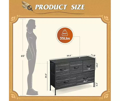 Cassettiera a 5 cassetti, mobile contenitore lungo in tessuto per camera da letto, armadio e corridoio, nero antracite con stampa effetto venatura del legno
