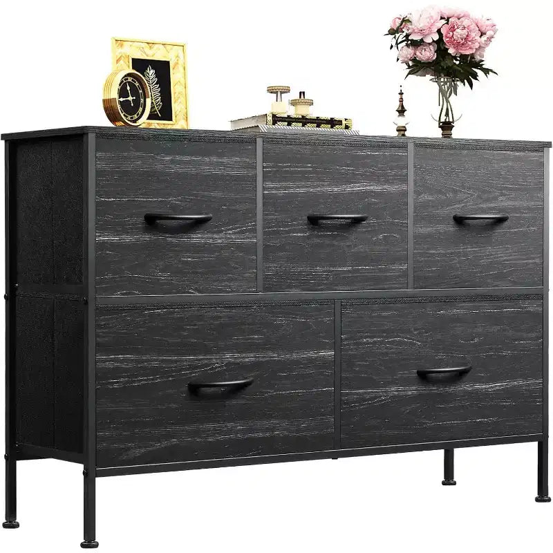 Cassettiera a 5 cassetti, mobile contenitore lungo in tessuto per camera da letto, armadio e corridoio, nero antracite con stampa effetto venatura del legno