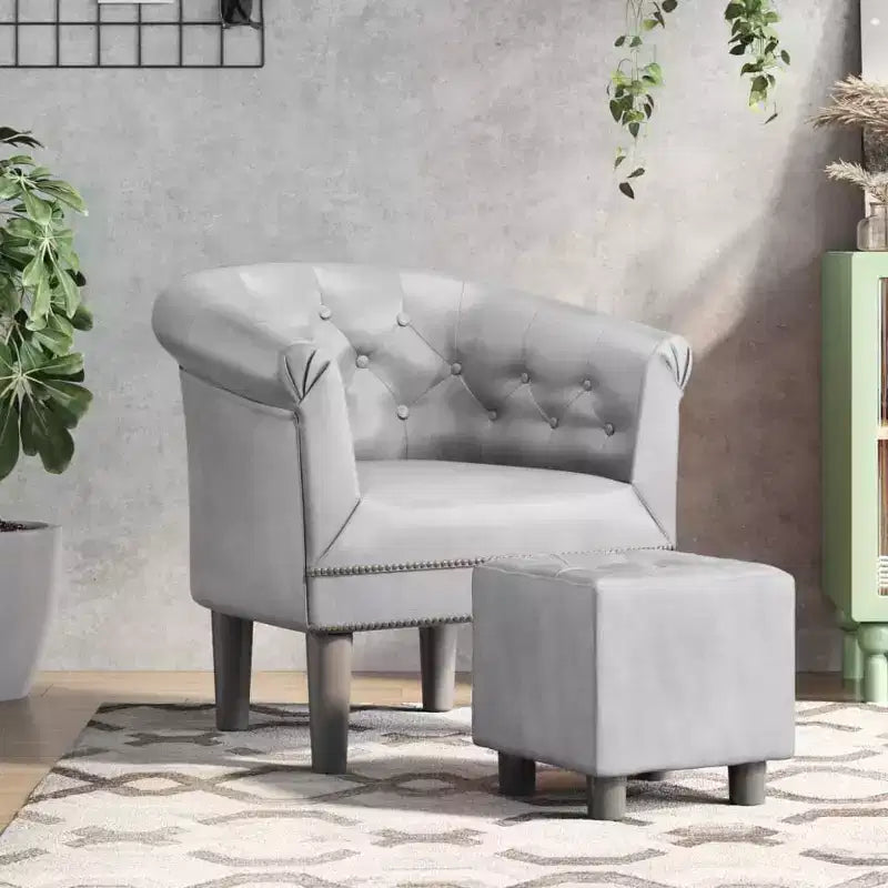Tub Chair with Footstool - Silver Faux Leather Design - Ideal for Living Room, Bedroom, or Office