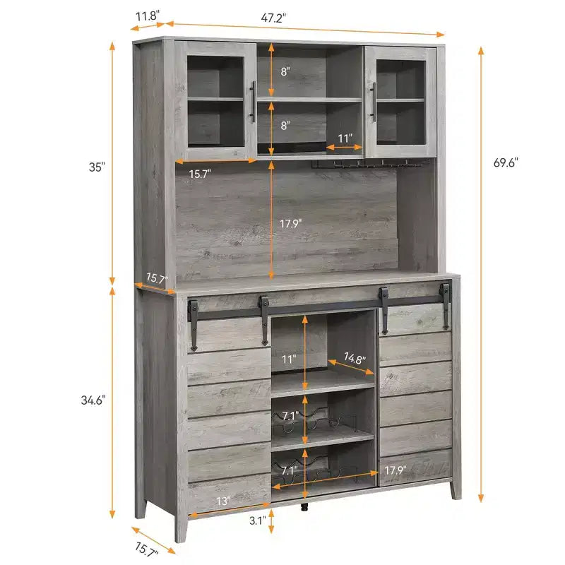 Mobile bar alto da 70'' in stile rustico, mobile contenitore da cucina con anta scorrevole stile porta da fienile, credenza alta con portabottiglie, bar domestico, grigio