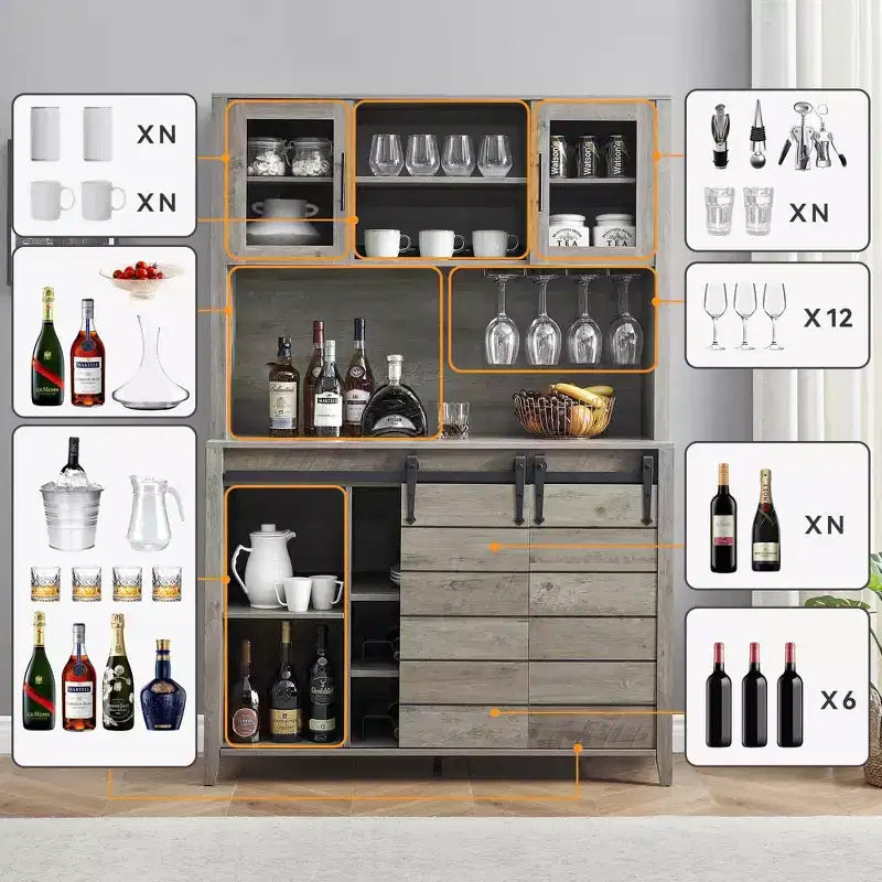 Mobile bar alto da 70'' in stile rustico, mobile contenitore da cucina con anta scorrevole stile porta da fienile, credenza alta con portabottiglie, bar domestico, grigio