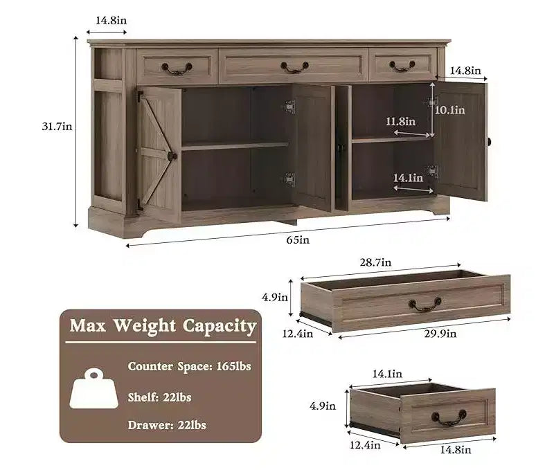Ampia credenza contenitore da 65, credenza da cucina in stile rustico, con 3 cassetti e 4 ante, mobile contenitore per soggiorno
