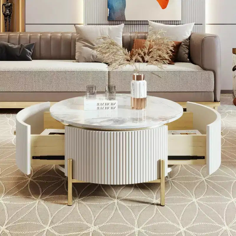 31.5 Round Storage Coffee Table, Modern Accent Center Table with 2 XL Hidden Drawers, Space-Saving Design for Small Living Room