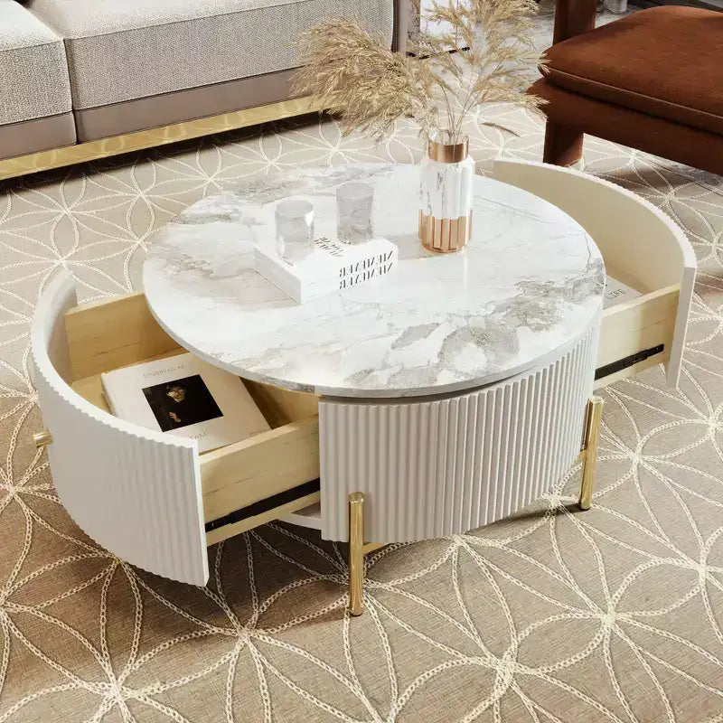 31.5 Round Storage Coffee Table, Modern Accent Center Table with 2 XL Hidden Drawers, Space-Saving Design for Small Living Room