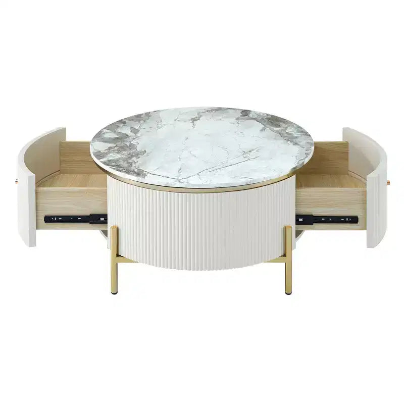 31.5 Round Storage Coffee Table, Modern Accent Center Table with 2 XL Hidden Drawers, Space-Saving Design for Small Living Room
