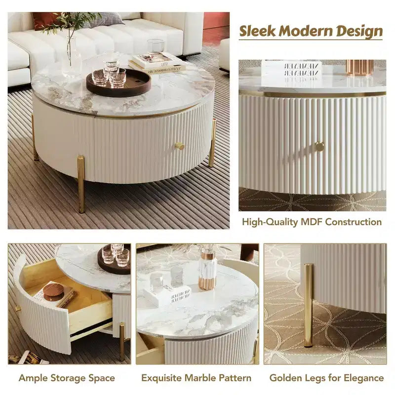 31.5 Round Storage Coffee Table, Modern Accent Center Table with 2 XL Hidden Drawers, Space-Saving Design for Small Living Room