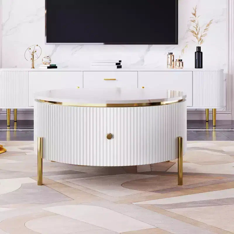 31.5 Round Storage Coffee Table, Modern Accent Center Table with 2 XL Hidden Drawers, Space-Saving Design for Small Living Room