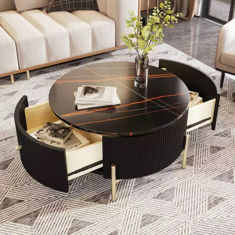 31.5 Round Storage Coffee Table, Modern Accent Center Table with 2 XL Hidden Drawers, Space-Saving Design for Small Living Room