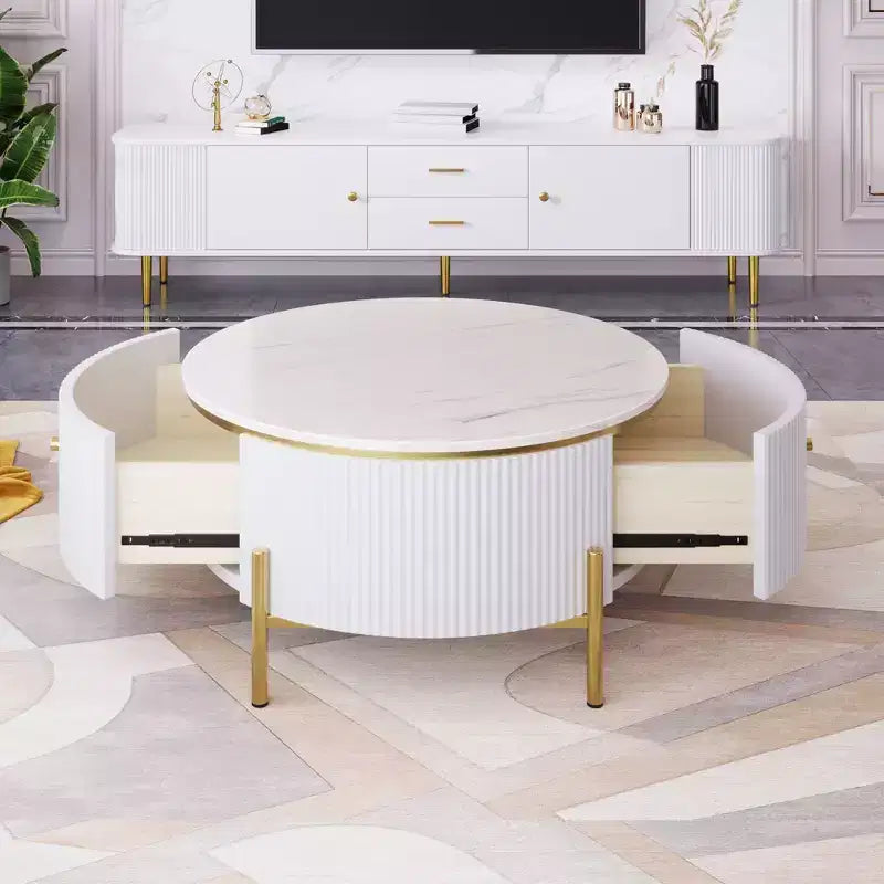 31.5 Round Storage Coffee Table, Modern Accent Center Table with 2 XL Hidden Drawers, Space-Saving Design for Small Living Room