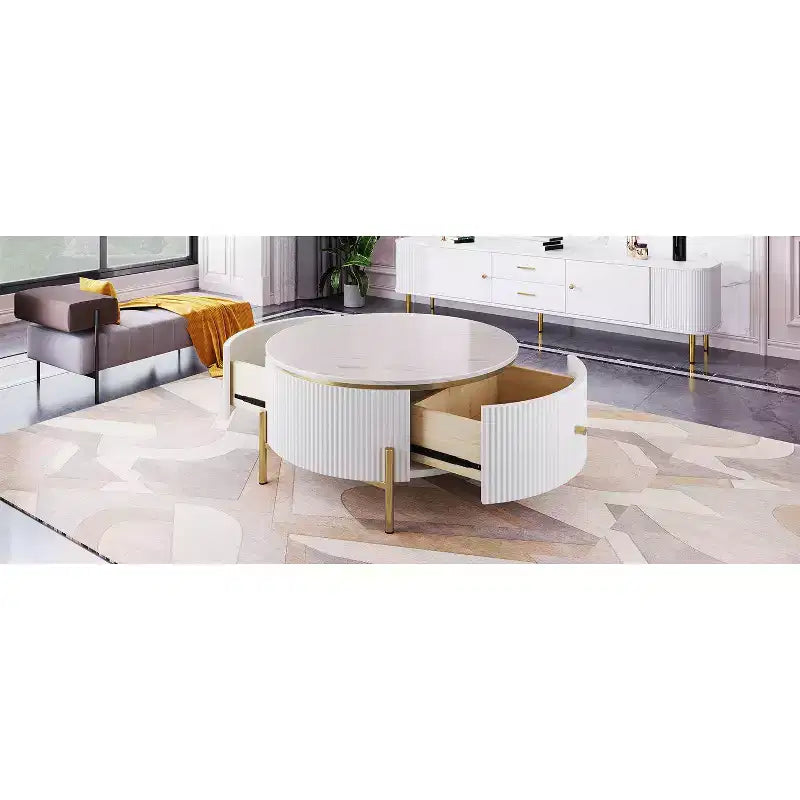 31.5 Round Storage Coffee Table, Modern Accent Center Table with 2 XL Hidden Drawers, Space-Saving Design for Small Living Room