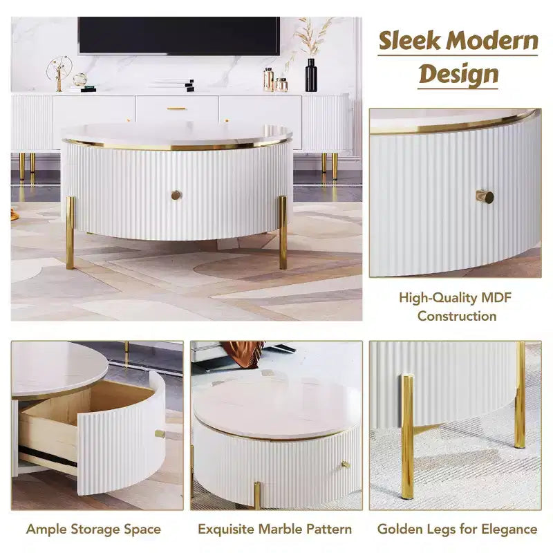 31.5 Round Storage Coffee Table, Modern Accent Center Table with 2 XL Hidden Drawers, Space-Saving Design for Small Living Room