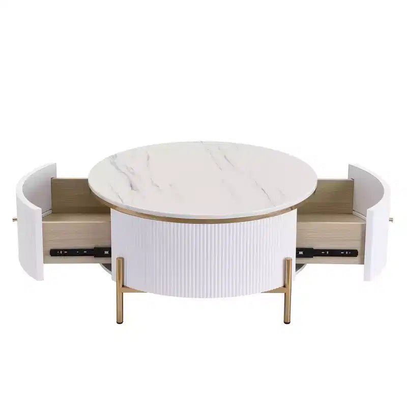 31.5 Round Storage Coffee Table, Modern Accent Center Table with 2 XL Hidden Drawers, Space-Saving Design for Small Living Room