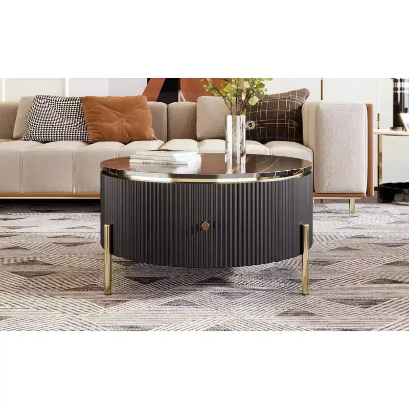 31.5 Round Storage Coffee Table, Modern Accent Center Table with 2 XL Hidden Drawers, Space-Saving Design for Small Living Room