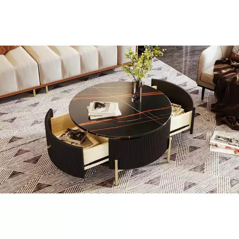31.5 Round Storage Coffee Table, Modern Accent Center Table with 2 XL Hidden Drawers, Space-Saving Design for Small Living Room