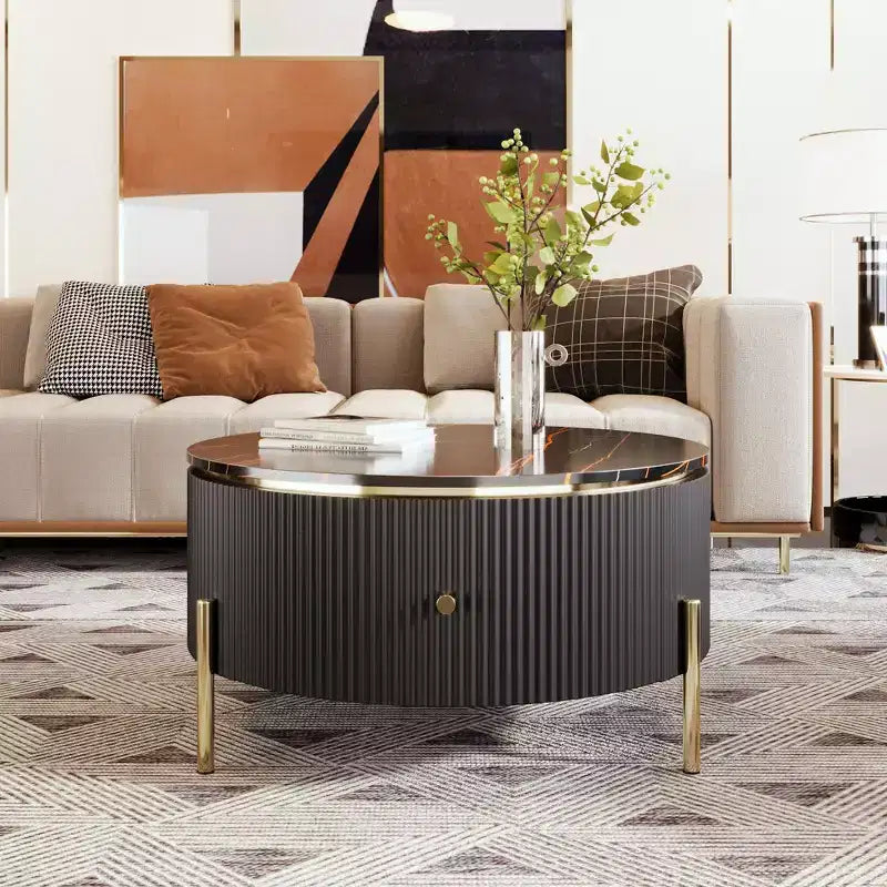 31.5 Round Storage Coffee Table, Modern Accent Center Table with 2 XL Hidden Drawers, Space-Saving Design for Small Living Room