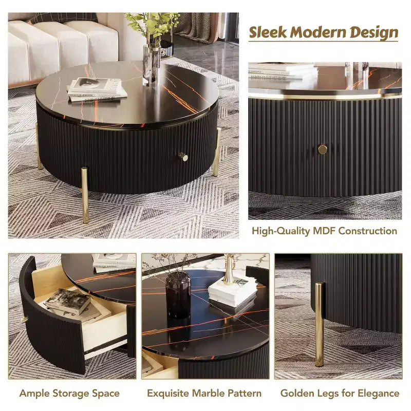 31.5 Round Storage Coffee Table, Modern Accent Center Table with 2 XL Hidden Drawers, Space-Saving Design for Small Living Room