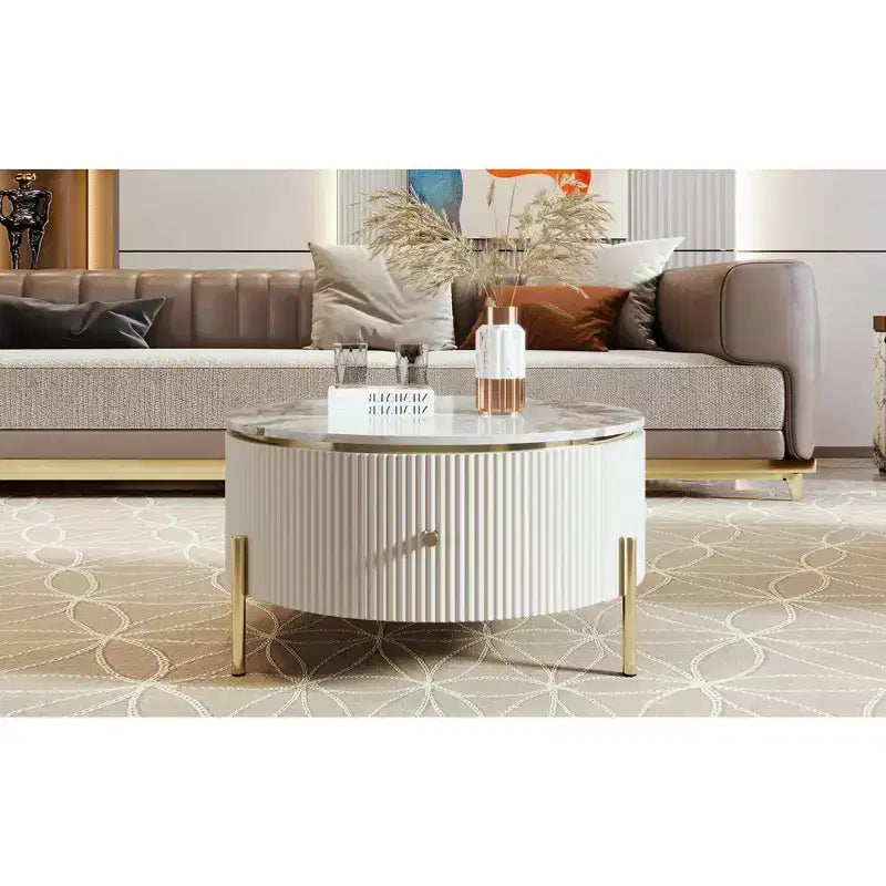 31.5 Round Storage Coffee Table, Modern Accent Center Table with 2 XL Hidden Drawers, Space-Saving Design for Small Living Room