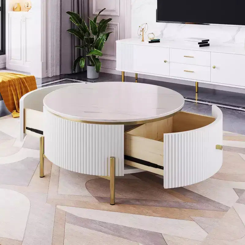 31.5 Round Storage Coffee Table, Modern Accent Center Table with 2 XL Hidden Drawers, Space-Saving Design for Small Living Room