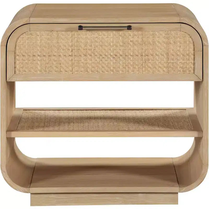 Natural Wood Rattan Nightstand With Drawer And Open Storage Shelves
