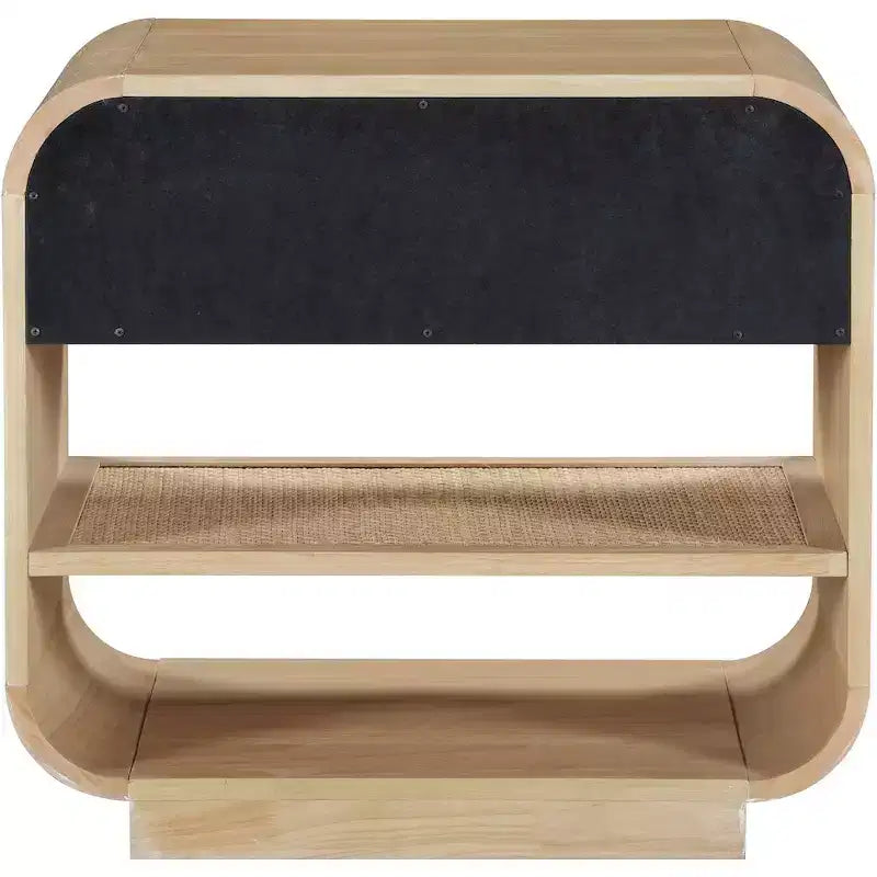 Comodino in legno naturale e rattan con cassetto e ripiani aperti