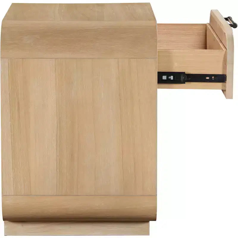 Natural Wood Rattan Nightstand With Drawer And Open Storage Shelves
