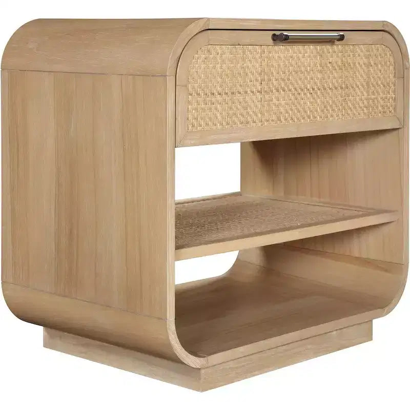 Natural Wood Rattan Nightstand With Drawer And Open Storage Shelves