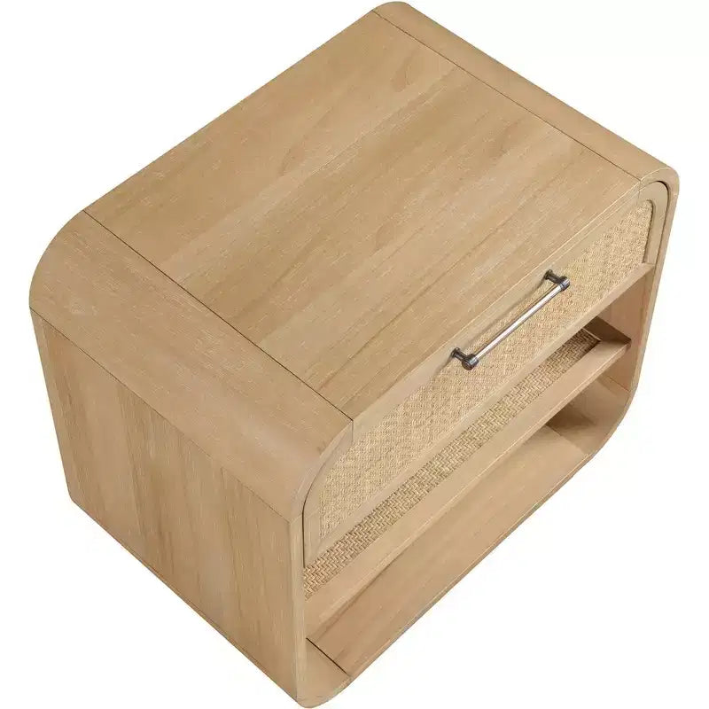 Natural Wood Rattan Nightstand With Drawer And Open Storage Shelves