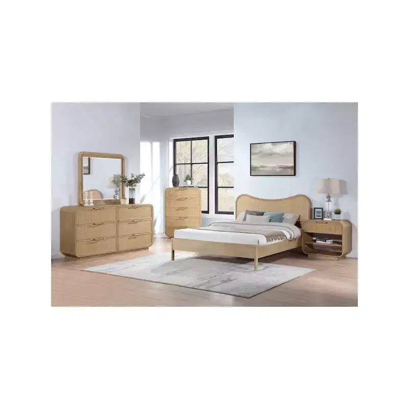 Natural Wood Rattan Nightstand With Drawer And Open Storage Shelves