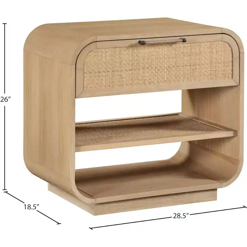 Natural Wood Rattan Nightstand With Drawer And Open Storage Shelves