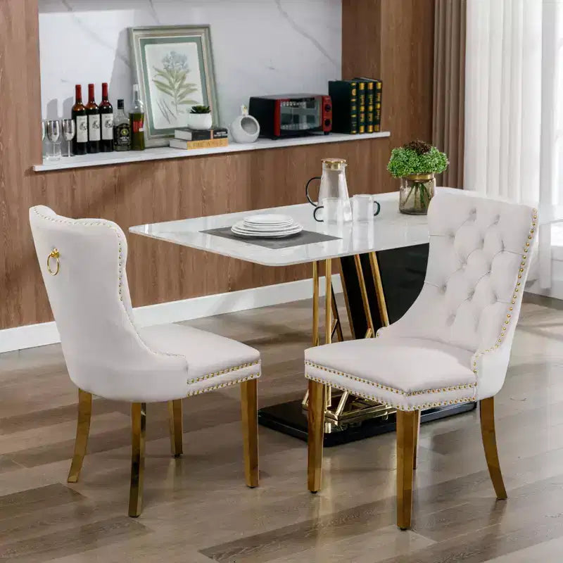 Modern Comfy Dining Chairs Set of 2, Tufted Velvet Upholstery Kitchen Chairs with Chrome Stainless Metal Legs & Nailhead Trim