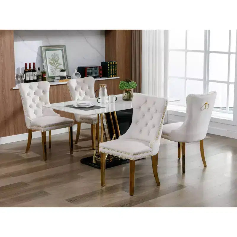 Modern Comfy Dining Chairs Set of 2, Tufted Velvet Upholstery Kitchen Chairs with Chrome Stainless Metal Legs & Nailhead Trim