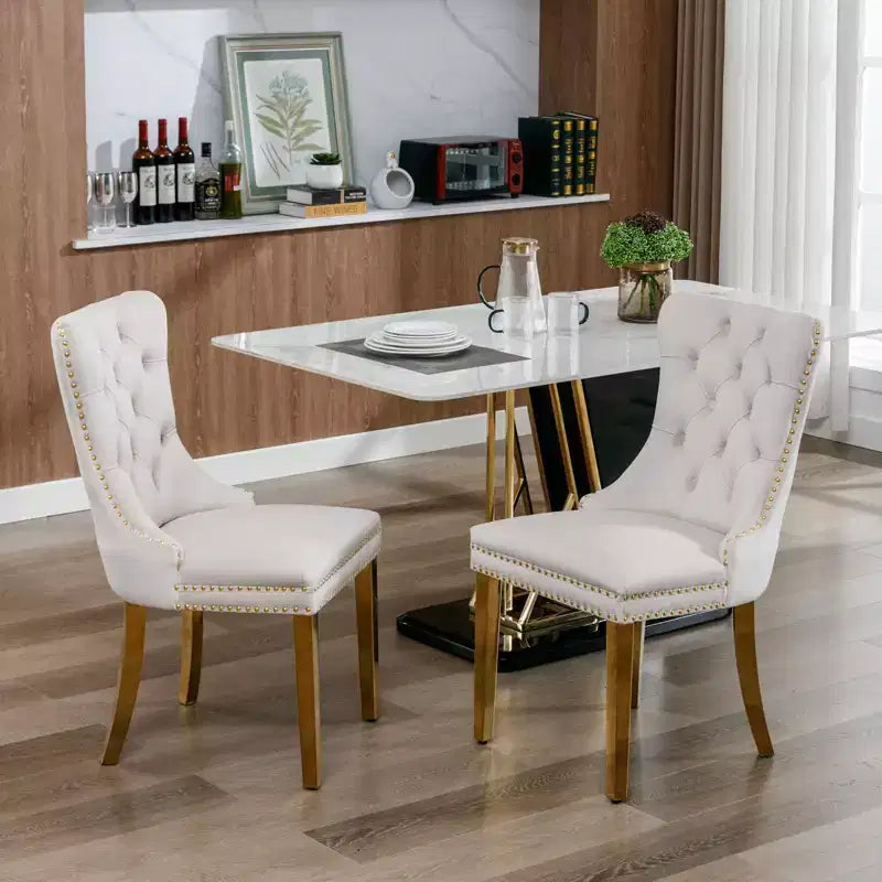 Modern Comfy Dining Chairs Set of 2, Tufted Velvet Upholstery Kitchen Chairs with Chrome Stainless Metal Legs & Nailhead Trim