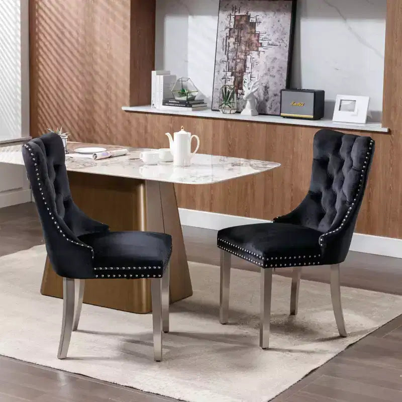 Modern Comfy Dining Chairs Set of 2, Tufted Velvet Upholstery Kitchen Chairs with Chrome Stainless Metal Legs & Nailhead Trim
