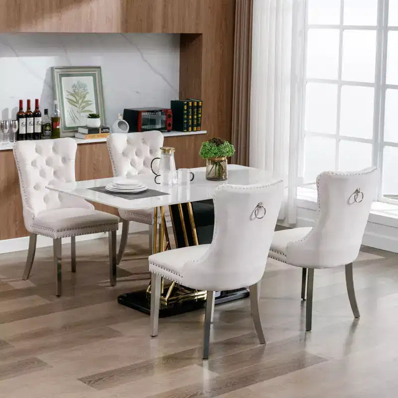 Modern Comfy Dining Chairs Set of 2, Tufted Velvet Upholstery Kitchen Chairs with Chrome Stainless Metal Legs & Nailhead Trim