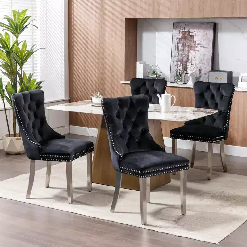 Modern Comfy Dining Chairs Set of 2, Tufted Velvet Upholstery Kitchen Chairs with Chrome Stainless Metal Legs & Nailhead Trim