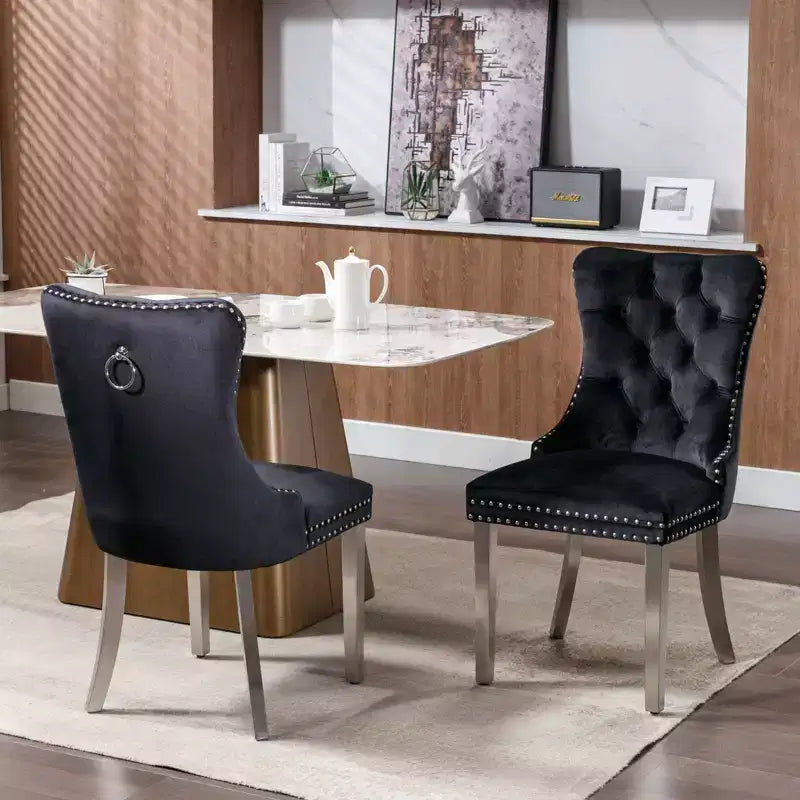 Modern Comfy Dining Chairs Set of 2, Tufted Velvet Upholstery Kitchen Chairs with Chrome Stainless Metal Legs & Nailhead Trim