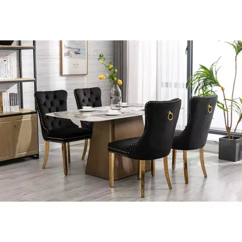 Modern Comfy Dining Chairs Set of 2, Tufted Velvet Upholstery Kitchen Chairs with Chrome Stainless Metal Legs & Nailhead Trim