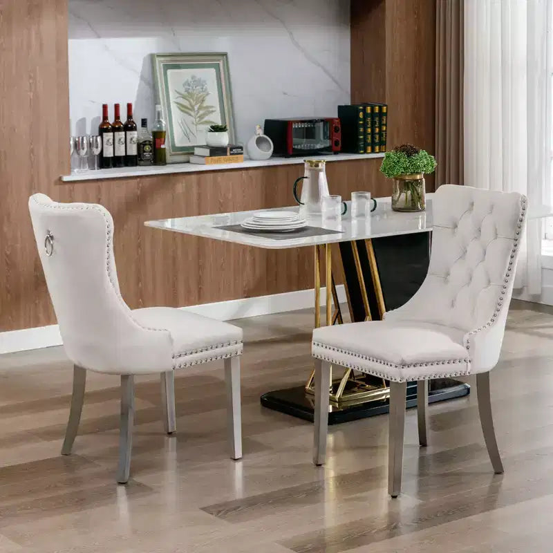Modern Comfy Dining Chairs Set of 2, Tufted Velvet Upholstery Kitchen Chairs with Chrome Stainless Metal Legs & Nailhead Trim