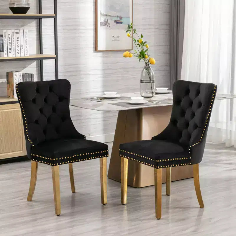 Modern Comfy Dining Chairs Set of 2, Tufted Velvet Upholstery Kitchen Chairs with Chrome Stainless Metal Legs & Nailhead Trim