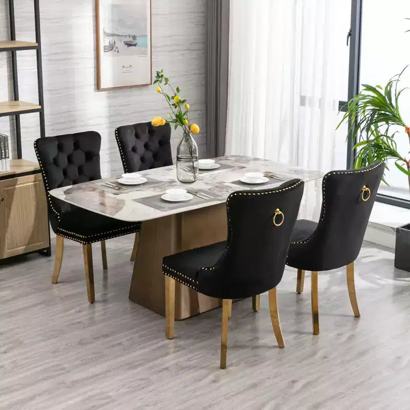 Modern Comfy Dining Chairs Set of 2, Tufted Velvet Upholstery Kitchen Chairs with Chrome Stainless Metal Legs & Nailhead Trim