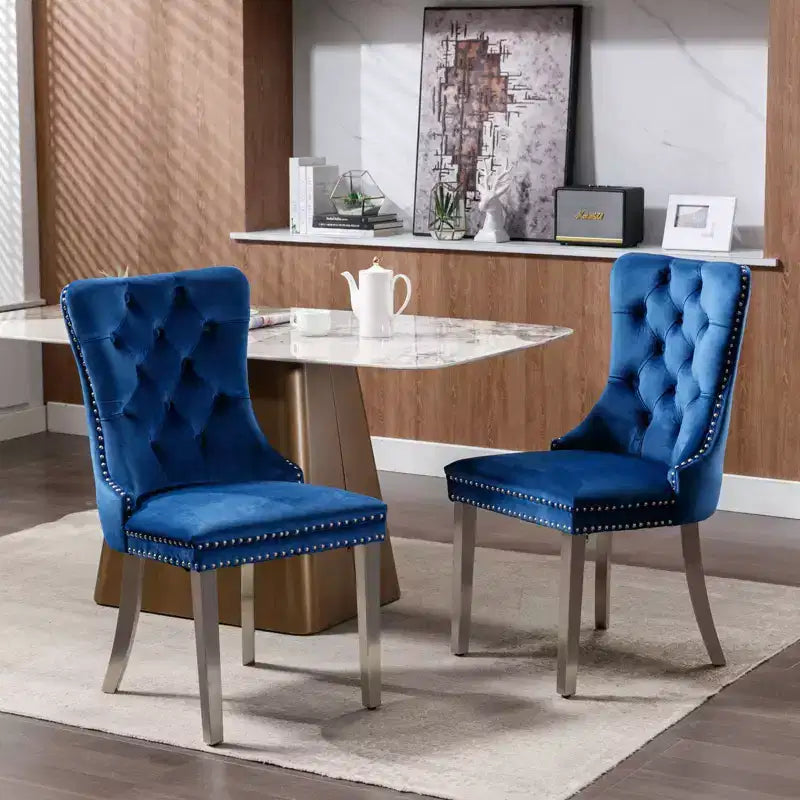 Modern Comfy Dining Chairs Set of 2, Tufted Velvet Upholstery Kitchen Chairs with Chrome Stainless Metal Legs & Nailhead Trim