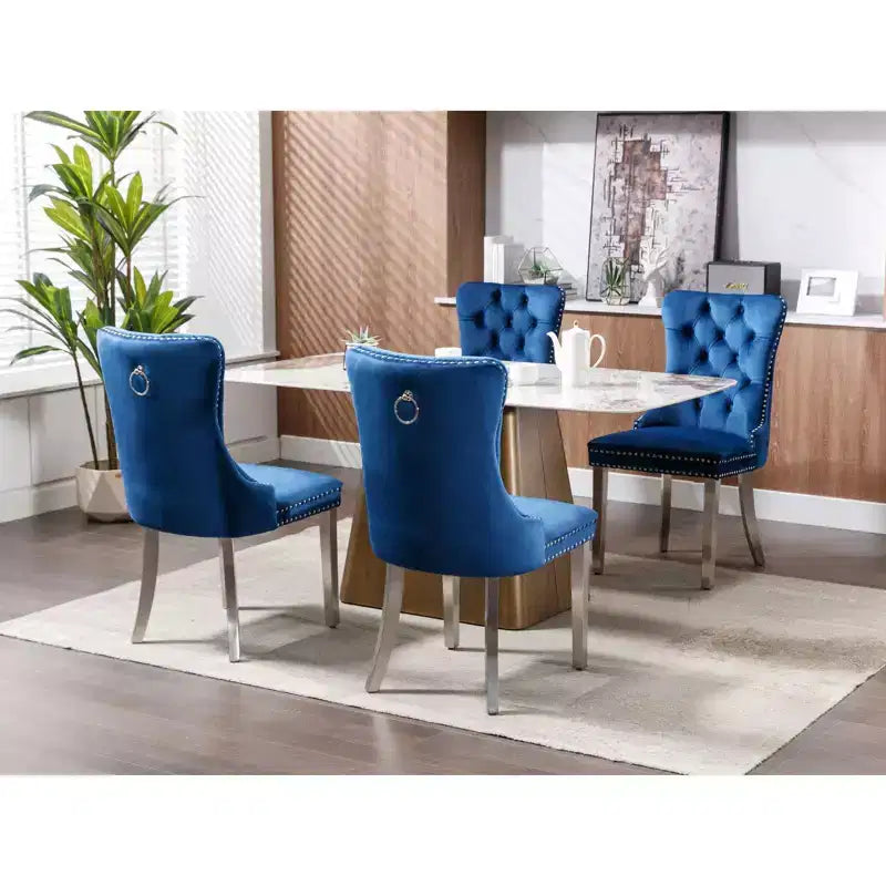 Modern Comfy Dining Chairs Set of 2, Tufted Velvet Upholstery Kitchen Chairs with Chrome Stainless Metal Legs & Nailhead Trim
