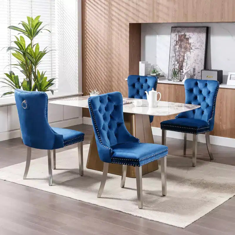 Modern Comfy Dining Chairs Set of 2, Tufted Velvet Upholstery Kitchen Chairs with Chrome Stainless Metal Legs & Nailhead Trim