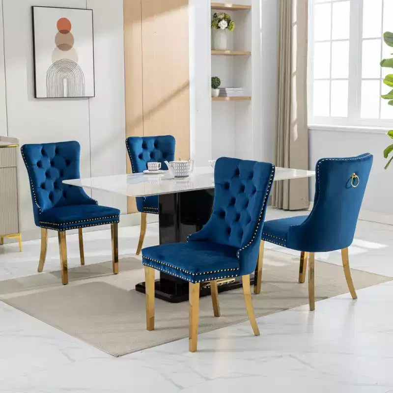 Modern Comfy Dining Chairs Set of 2, Tufted Velvet Upholstery Kitchen Chairs with Chrome Stainless Metal Legs & Nailhead Trim
