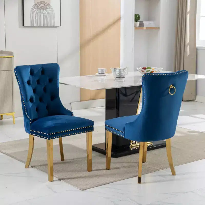 Modern Comfy Dining Chairs Set of 2, Tufted Velvet Upholstery Kitchen Chairs with Chrome Stainless Metal Legs & Nailhead Trim