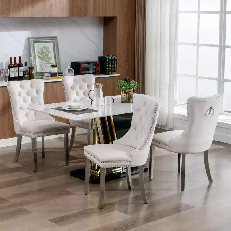 Modern Comfy Dining Chairs Set of 2, Tufted Velvet Upholstery Kitchen Chairs with Chrome Stainless Metal Legs & Nailhead Trim