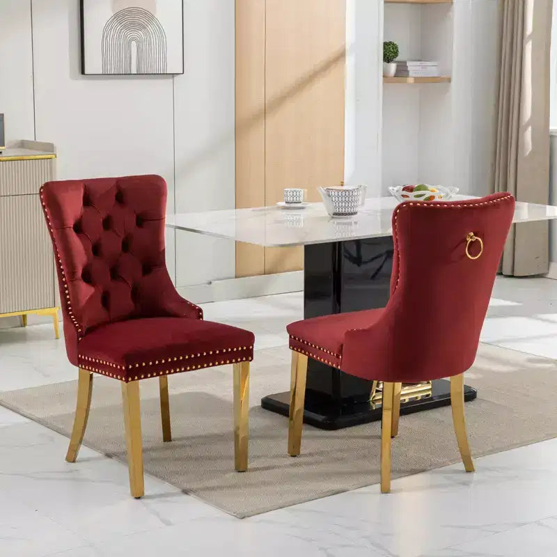 Modern Comfy Dining Chairs Set of 2, Tufted Velvet Upholstery Kitchen Chairs with Chrome Stainless Metal Legs & Nailhead Trim