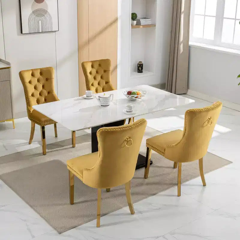 Modern Comfy Dining Chairs Set of 2, Tufted Velvet Upholstery Kitchen Chairs with Chrome Stainless Metal Legs & Nailhead Trim